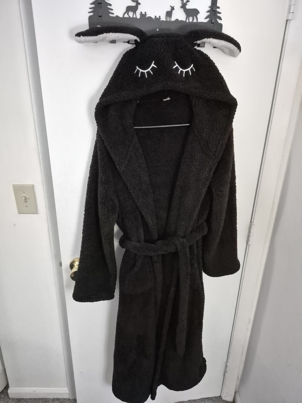 Cozy Black Plush Hooded Bathrobe with Ears